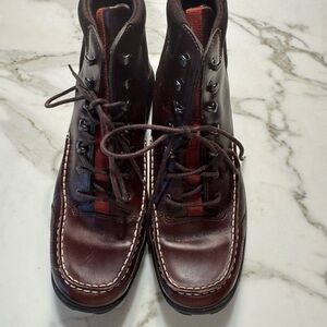 Cole Haan Men's Dark Brown Leather Lace-Up Boots with Red Accent